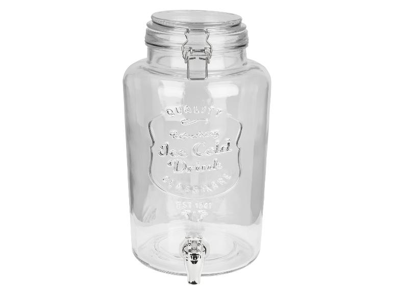 Große Glaskaraffe mit Hahn, ideal für kalte Getränke, Vintage-Stil.