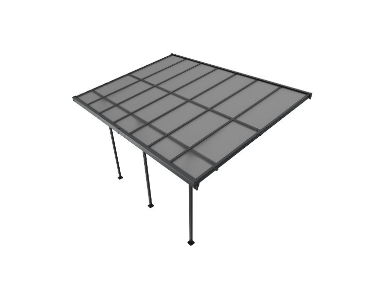 Graues Terrassendach oder Carport mit lichtdurchlässigem Dach und vier Pfosten.