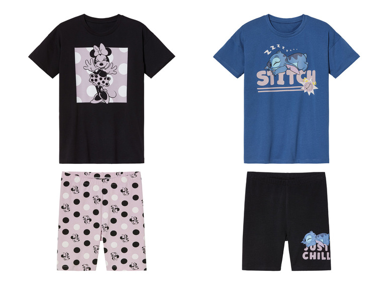 Minnie Mouse und Stitch Pyjamas mit schwarzen und rosafarbenen Shorts.