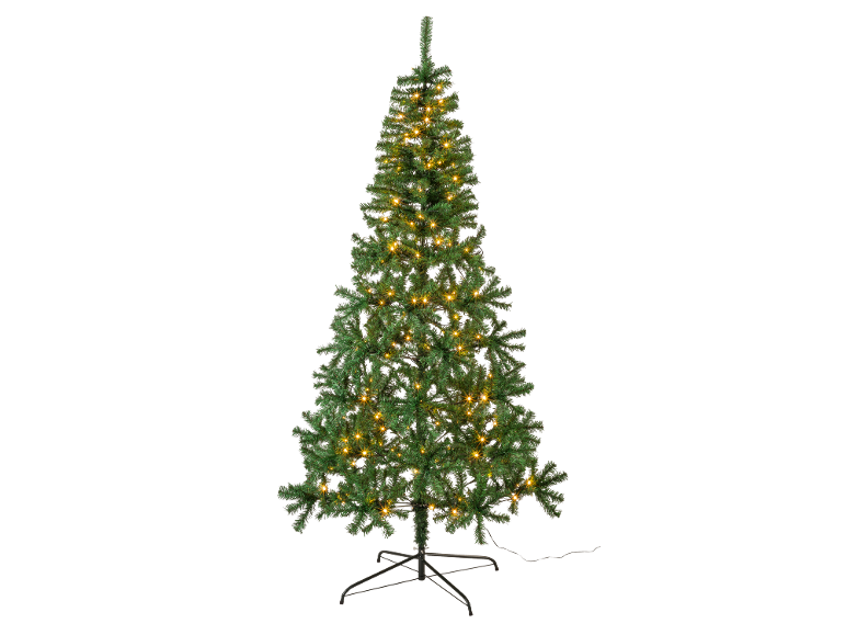 Grüner künstlicher Weihnachtsbaum mit warmweißen LED-Lichtern, auf schwarzem Hintergrund.