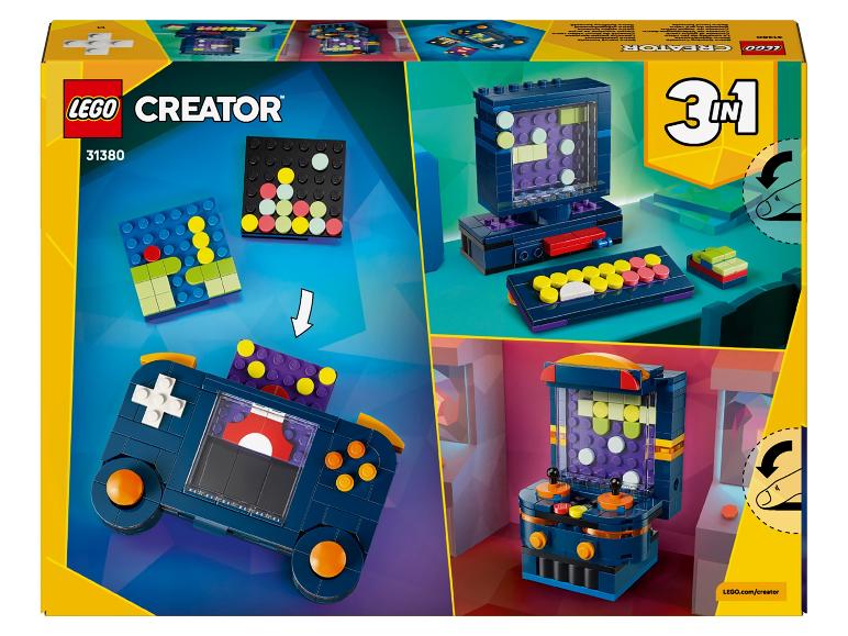 Ein 3-in-1 Bauspielzeugset mit einem Retro-Computer, einer Handheld-Spielkonsole und einem Arcade-Automaten.