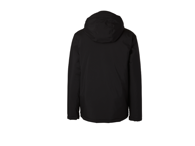 Schwarze Herrenjacke mit Kapuze, Rückansicht.