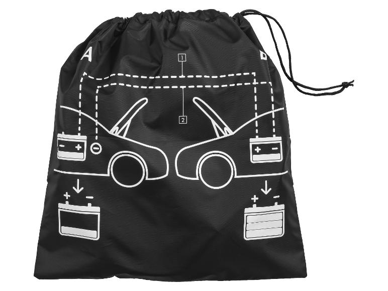 Schwarze Tasche mit weißem Diagramm zum Starten einer Autobatterie.