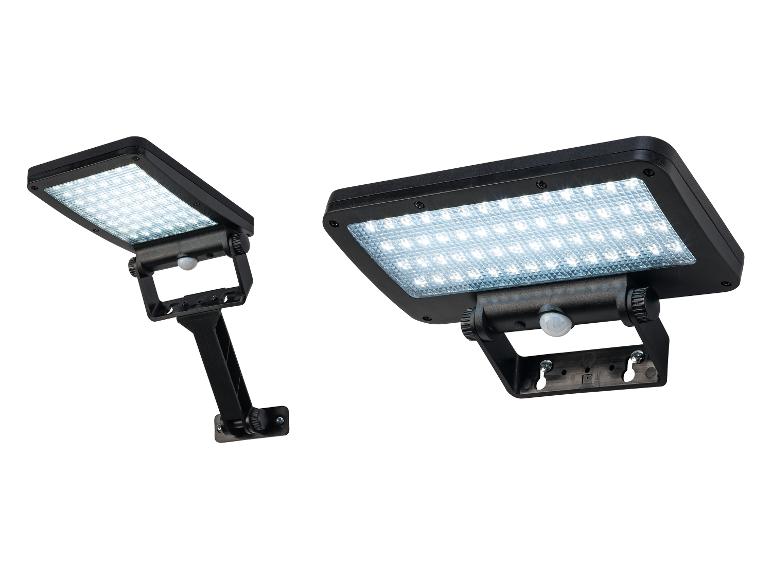 Zwei schwarze LED-Solarleuchten mit Bewegungssensoren und verstellbaren Halterungen.