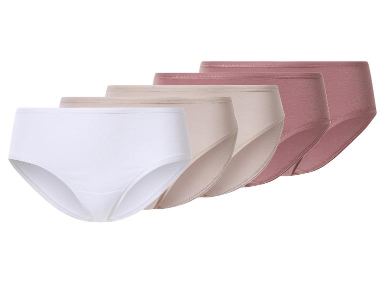 Set aus fünf Damenunterhosen in Weiß, Beige und Rosa.