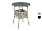 Runder Rattan-Bartisch mit Glasplatte und Ablagefach, in Grau und Schwarz.