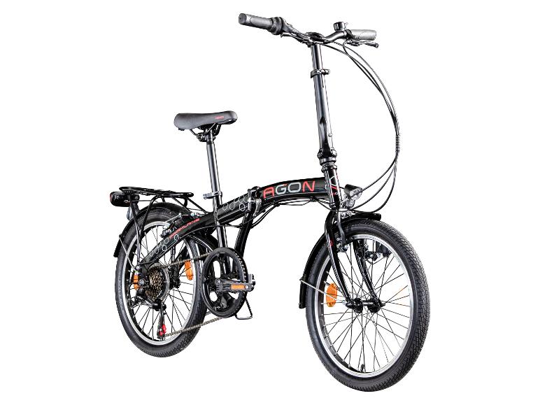 Schwarzes Agon Parklane Faltrad mit Gepäckträger und Lichtern.
