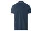 Dunkelblaues Poloshirt mit weiß gestreiftem Kragen und Ärmelbündchen, Rückansicht.