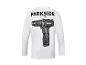 Weißes Herren-Langarmshirt mit Bohrmaschinen-Aufdruck auf dem Rücken
