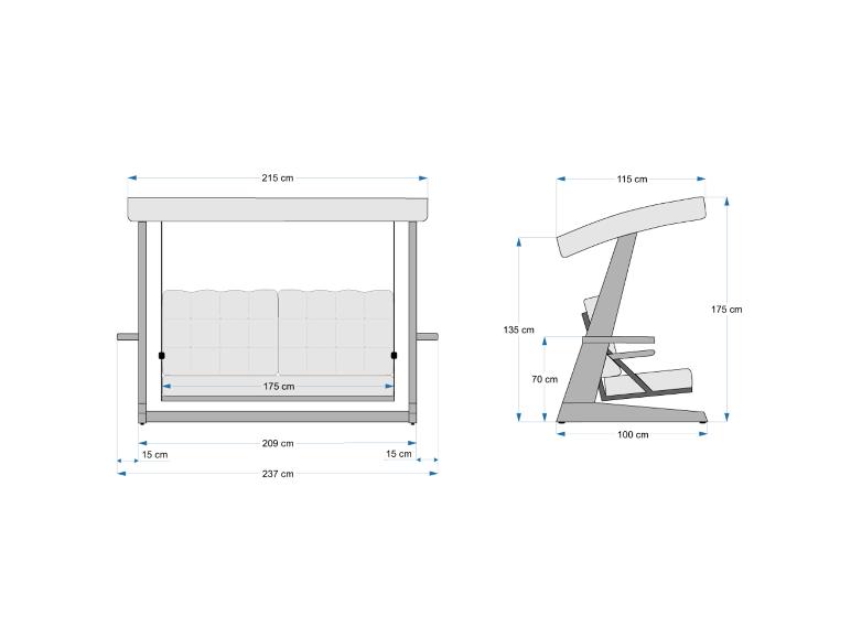 Maßzeichnung einer Gartenschaukel mit Abmessungen: 215x237x175 cm (BxTxH).