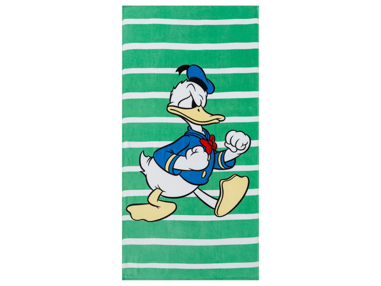 Ein Strandtuch mit einem Bild von Donald Duck in einem blauen Outfit.