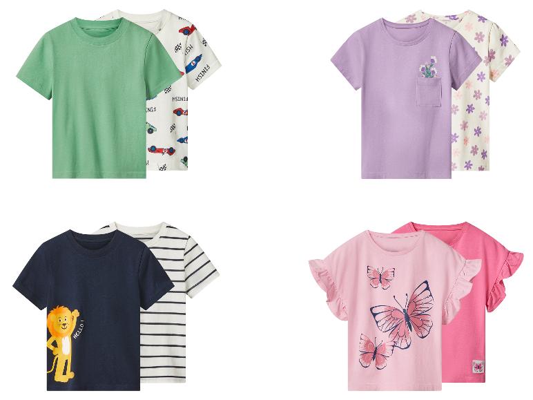2er-Pack Kinder-T-Shirts: unifarben grün, mit Autos, lila mit Blumen, gestreift, marineblau mit Löwe, rosa mit Schmetterlingen.