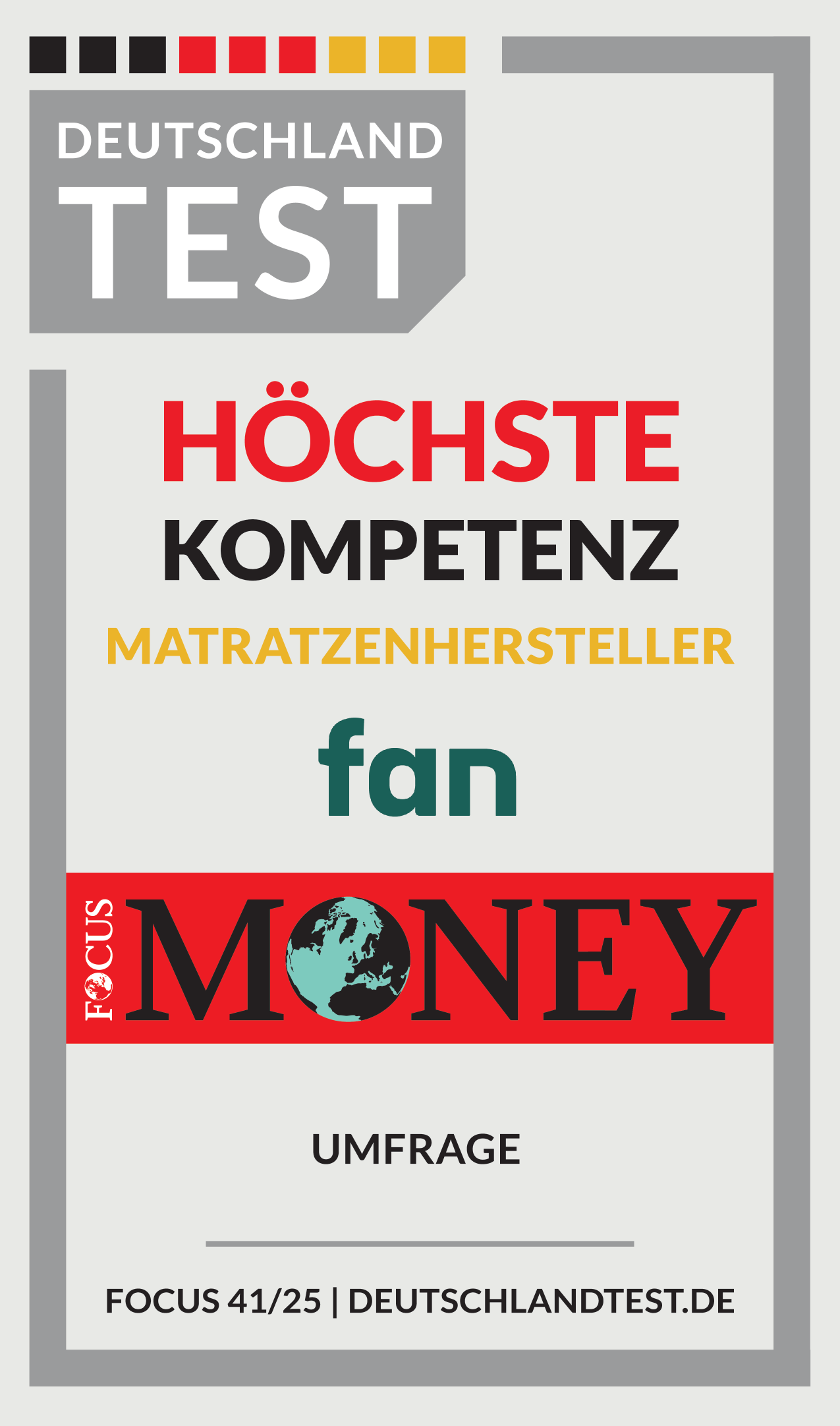 Germanland Test: höchste Kompetenz Matratzenhersteller Umfrage, Focus 41/25.