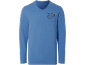 Blaues Langarmshirt mit V-Ausschnitt und „Coffee Club Everyday“-Aufdruck.