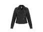 Schwarze Leder-Bikerjacke mit silbernen Reißverschlüssen und Druckknöpfen.