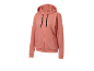 Korallfarbener Damen-Kapuzenpullover mit Reißverschluss und Taschen.