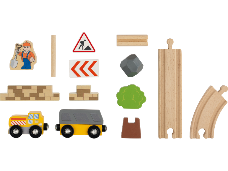 Hölzernes Baustellen-Spielzeugset mit Eisenbahnschienen, Fahrzeugen, Arbeiterfigur und Schildern.