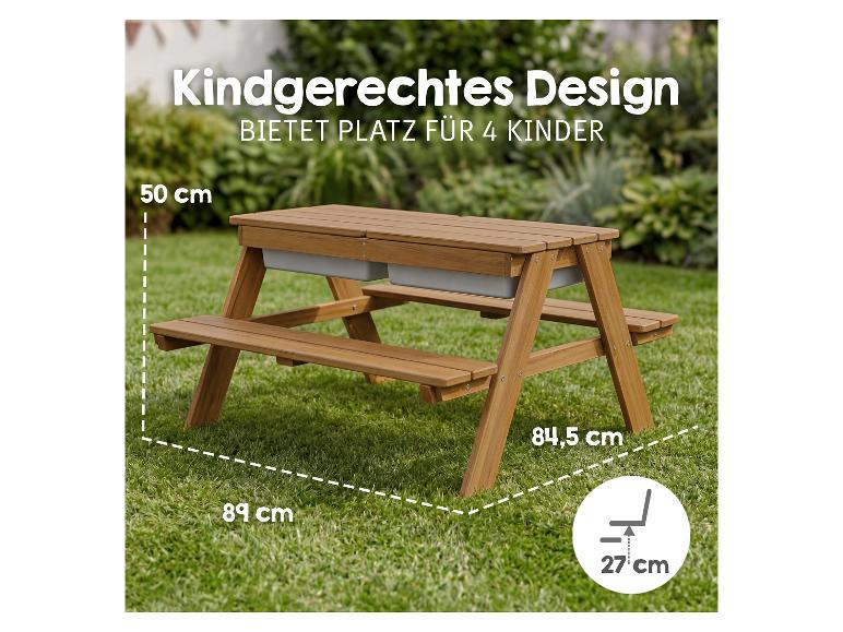 Kindgerechter Holztisch mit Staufächern, Maße 89x84,5x50 cm, Sitzhöhe 27 cm.