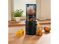 Schwarzer Slow Juicer mit Mangostücken, der Mangopüree in einer Küche zubereitet.