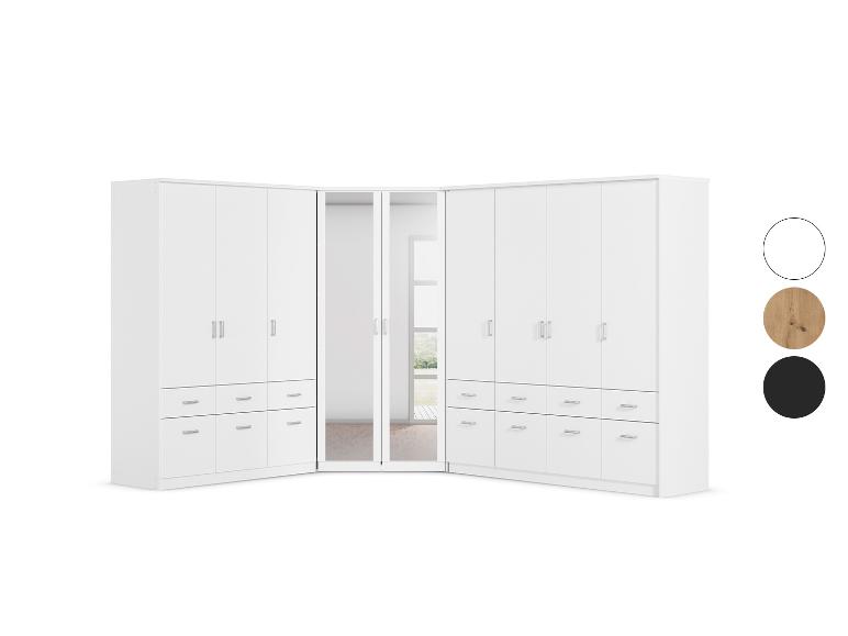 Weißer Eckkleiderschrank mit Spiegeltüren und Schubladen, mit Farbmustern.