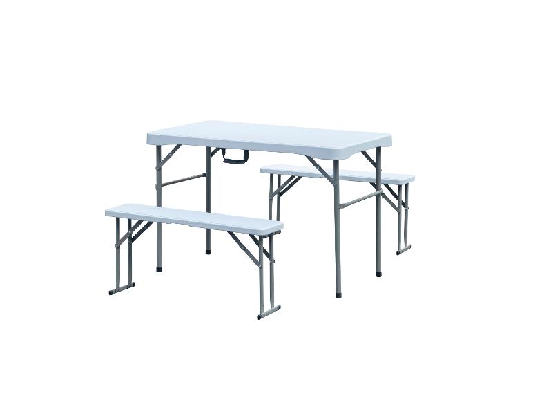 Set aus weißem Klapptisch und Bänken für den Außenbereich