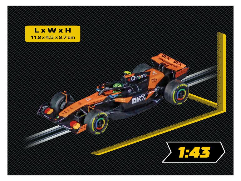 Carrera McLaren MCL39 L. Norris Slotcar im Maßstab 1:43 mit den Maßen 11,2 x 4,5 x 2,7 cm.