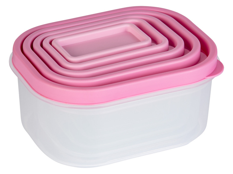 Ein Set mit vier rosa Plastik-Aufbewahrungsbehältern.