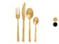 Set aus goldenem Besteck, bestehend aus Gabel, Messer, Esslöffel und Teelöffel.
