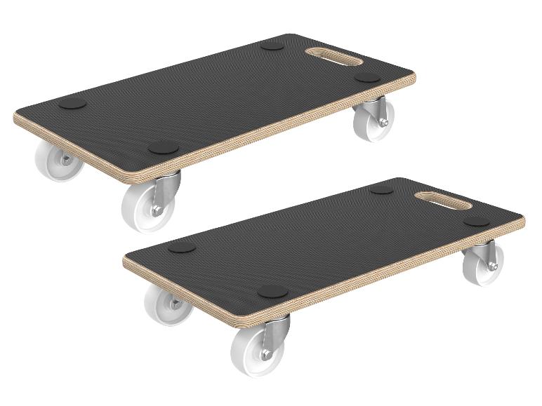 Zwei Holz-Transportroller mit schwarzer Anti-Rutsch-Oberfläche und weißen Rollen.