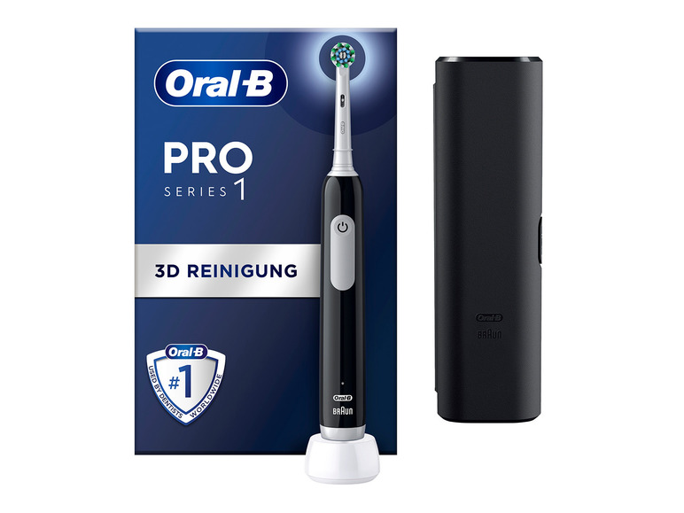 Eine schwarze Oral-B Pro Series 1 elektrische Zahnbürste mit Ladegerät und Reiseetui.
