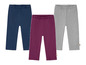 Drei Paar Leggings in dunkelblau, grau und lila.