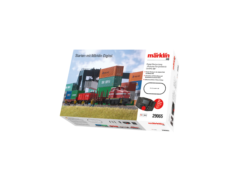 Digitales Startpaket mit Lokomotive und Gleisen, im Baustellen-Thema.