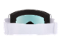 Weiße Skibrille mit hellblauer verspiegelter Scheibe und schwarzer Schaumstoffpolsterung.