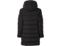 Schwarze gesteppte Damenjacke mit Kapuze, Rückansicht.