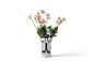 Schwarz-weiße Vase mit rosa Blumen und grünen Blättern