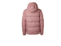 Rückenansicht einer rosa Steppjacke mit Kapuze.