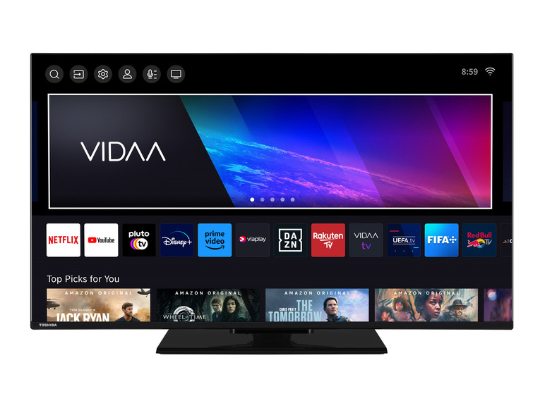 Ein Smart-TV mit Apps wie Netflix, YouTube, Pluto TV und Disney+.