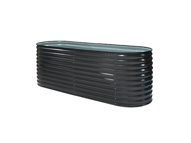 Schwarzes rechteckiges Hochbeet aus Metall.