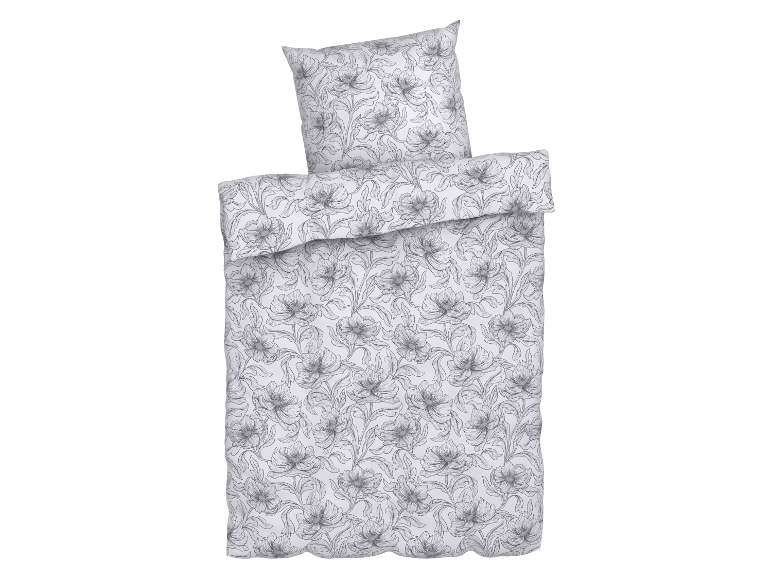 Bettwäsche mit Blumenmuster in Weiß und Grau.