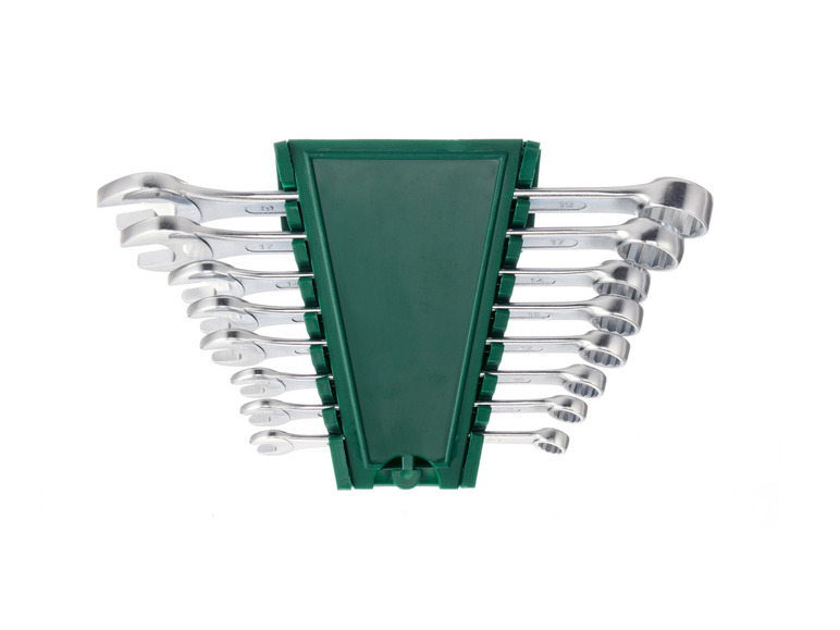 Ein Satz aus 8 Ringschlüsseln in einem grünen Halter.