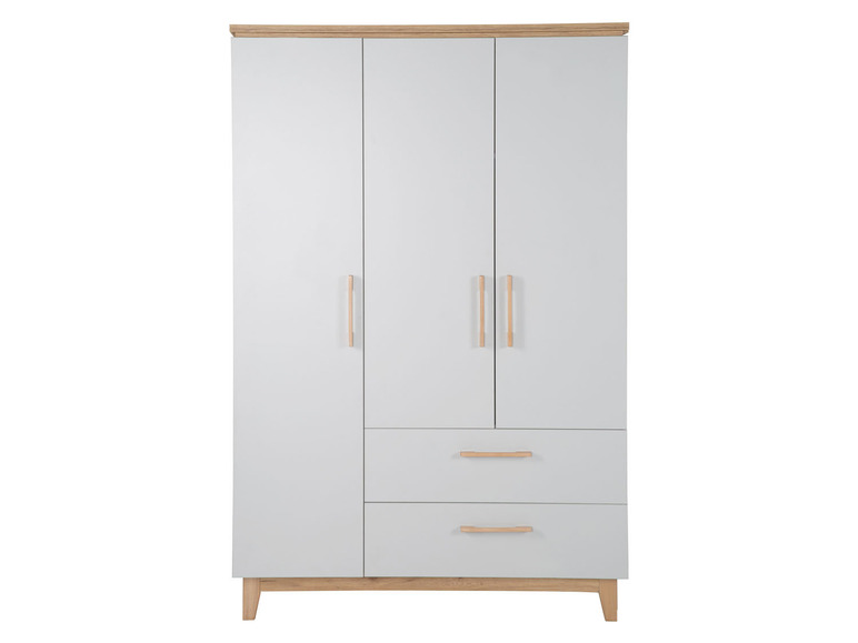 Ein weißer Kleiderschrank mit zwei Türen und zwei Schubladen.