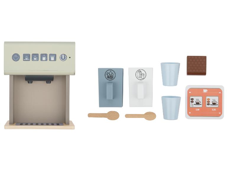 Spielzeug-Kaffeemaschine mit Zubehör wie Tassen, Löffeln und Milchkartons.