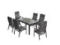 Gartenmöbelset: Tisch und sechs Stühle mit grauen Kissen.
