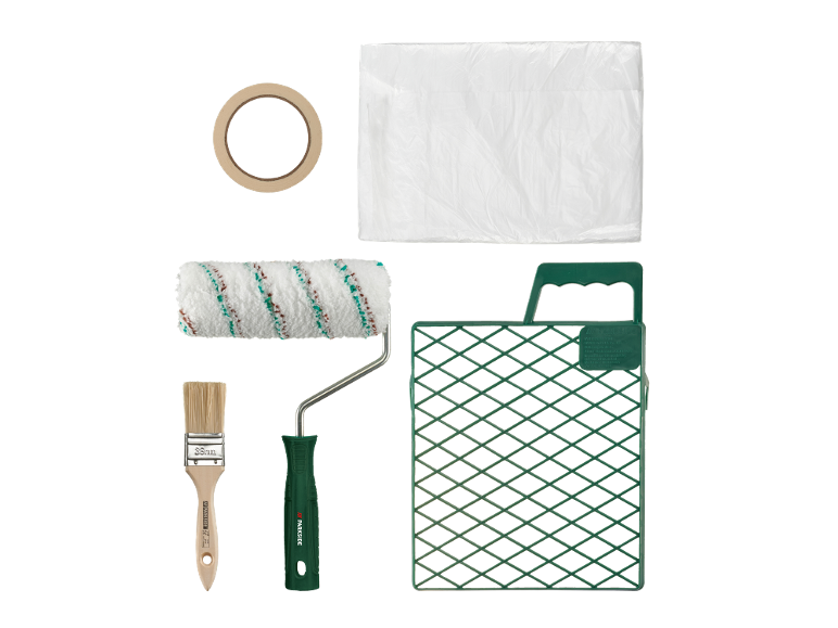 Maler-Set mit Farbroller, Pinsel, Klebeband, Abdeckfolie und Abstreifgitter.