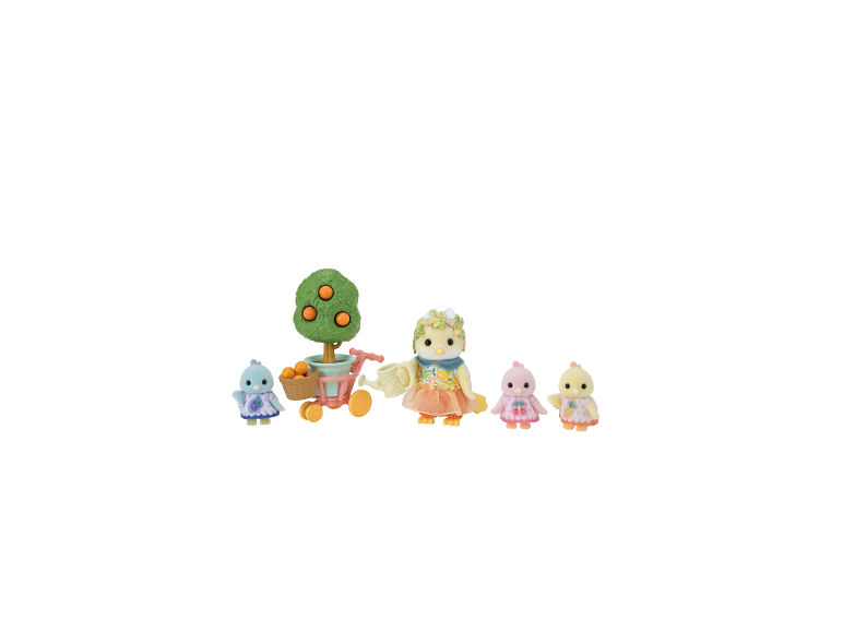 Vogelfamilien-Spielset mit einer Vogelmutter, drei Küken, einem Orangenbaum und einem Wagen.