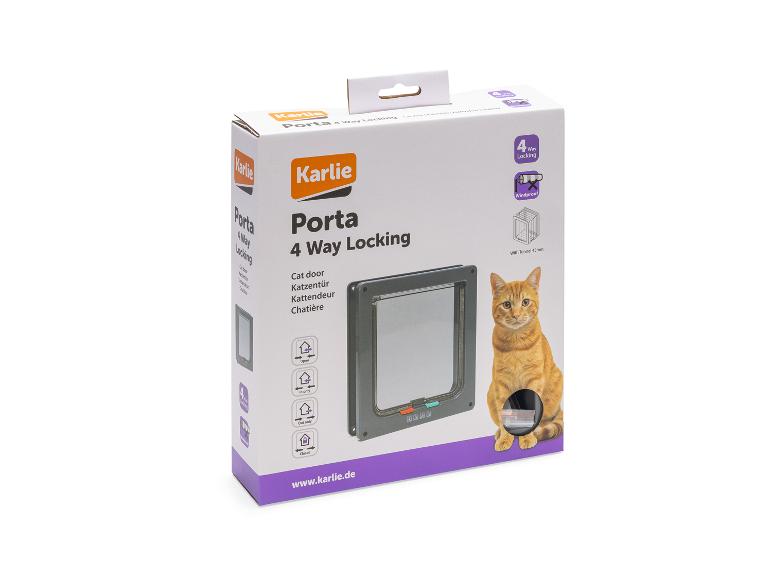 Katzenklappenbox mit 4-Wege-Verriegelung, mit einer orangefarbenen Katze daneben.