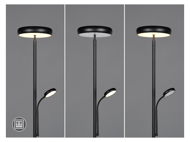 Schwarze Stehlampe mit Deckenfluter und Leselicht, dargestellt mit verschiedenen Lichteinstellungen.