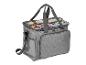 Graue Stricktasche mit transparentem Deckel und bunten Garnen darin.