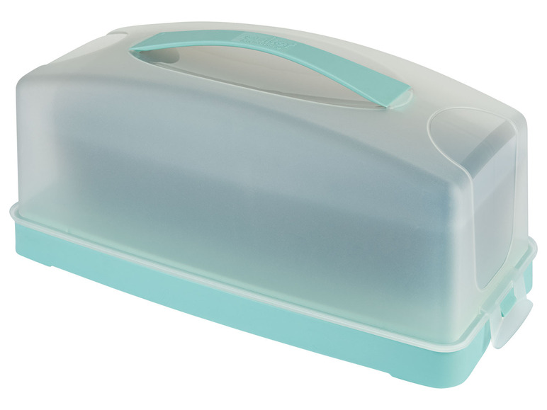 Eine blaue Kuchenbox mit Deckel und Griff.
