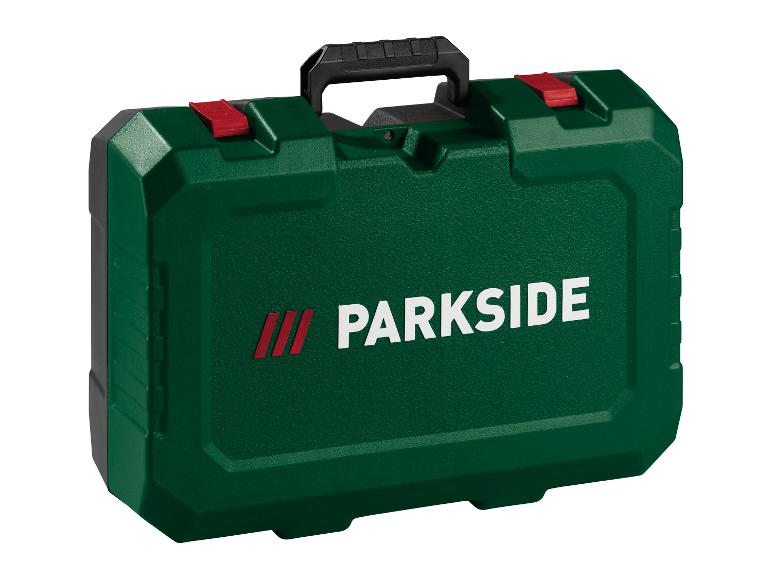 Ein grüner Parkside Werkzeugkoffer mit roten Verschlüssen und schwarzem Griff.